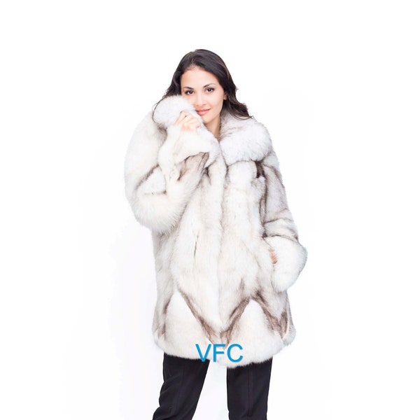 Magnifique manteau de fourrure de renard bleu, manteau de fourrure de renard véritable, manteau de fourrure duveteux, manteau de fourrure de luxe