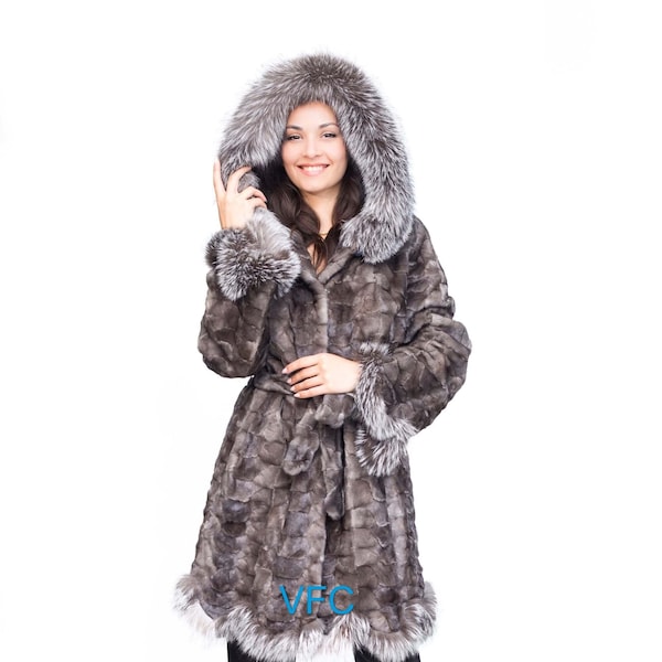 Silver Mink Fur Coat With Silver Fox Fur Hood, Real Mink Fur Coat, Real Fur Coat, Luxury Fur Coat