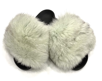 Ivory Fox Fur Slides, Fur Slippers, Fluffy Slides, Summer Slippers