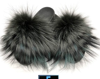 Black And Green Fox Fur Slides, Fur Slippers, Fluffy Slides, Summer Slippers