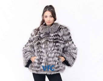 Chaqueta de piel de zorro auténtica, chaqueta de piel de zorro plateado de piel completa, chaqueta de piel mullida, chaqueta de piel de lujo