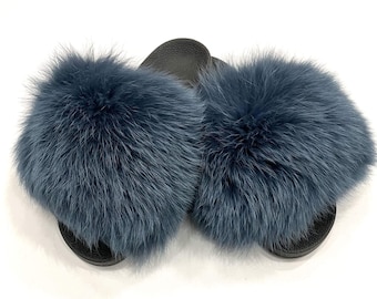 Ciabatte in pelliccia di volpe azzurra, pantofole in pelliccia, ciabatte soffici, pantofole estive