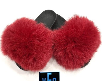 Red Fox Fur Slides, Fur Slippers, Fluffy Slides, Summer Slippers