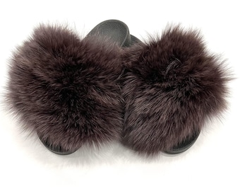 Merlot Fox Fur Slides, Fur Slippers, Fluffy Slides, Summer Slippers