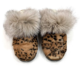 Leopard Sheepskin With Fox Fur Slippers, Fur Slippers, Fluffy Slippers, Winter Slippers