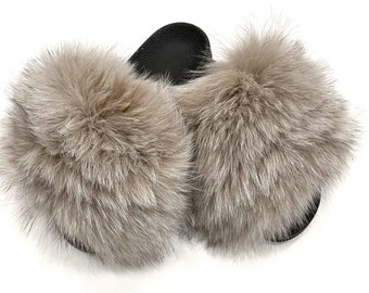 Camel Fox Fur Slides, Fur Slippers, Fluffy Slides, Summer Slippers
