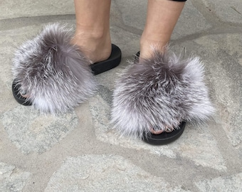 Ciabatte in pelliccia di volpe blu ombra, pantofole in pelliccia, ciabatte soffici, pantofole estive