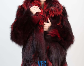 Manteau en fourrure de renard bordeaux, Manteau en fourrure de renard véritable, Manteau en fourrure duveteuse, Manteau en fourrure de luxe