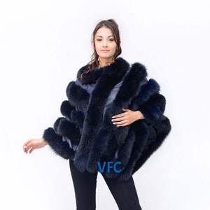 Real Fox Fur Cape, Blue-Black Fox Fur Cape, Fluffy Fur Cape, Luxury Fur Cape