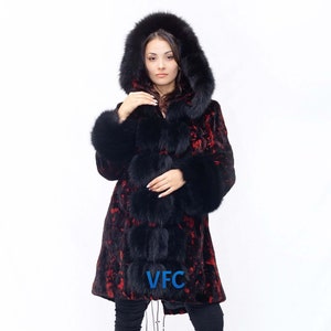 Red With Black Sheared Mink Parka Coat With Black Fox Fur - Etsy
