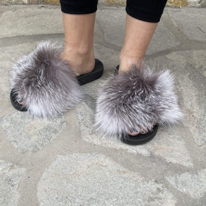 Shadow Blue Fox Fur Slides, Fur Slippers, Fluffy Slides, Summer Slippers