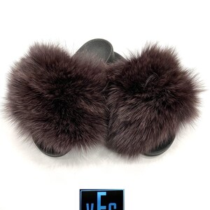 Merlot Fox Fur Slides, Fur Slippers, Fluffy Slides, Summer Slippers