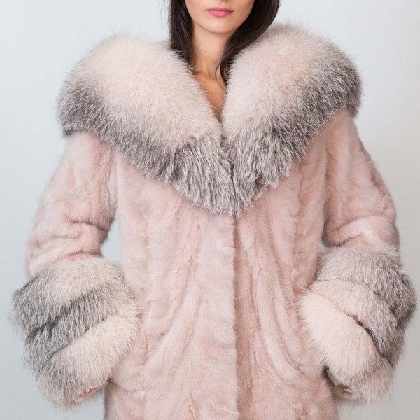Powder Pink Mink Coat With Fox Fur Hood, Real Mink Fur Coat, Real Fur Coat, Luxury Fur Coat, Handmade Fur Coat