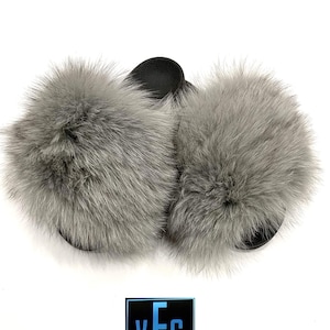 Sapphire Fox Fur Slides, Fur Slippers, Fluffy Slides, Summer Slippers