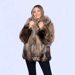 Natural Brown-Gray  Finn Raccoon Fur Coat, Real Finn Raccoon Fur Coat, Fluffy Fur Coat, Luxury Fur Coat, Handmade Fur Coat