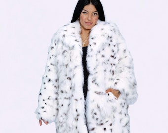 Wonderful White With Black Dots Fox Fur Coat, Real Fox Fur Coat