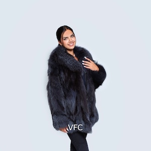 Navy Fox Fur Jacket With Collar, Real Fox Fur Jacket, Fluffy Fur Jacket, Luxury Fur Jacket