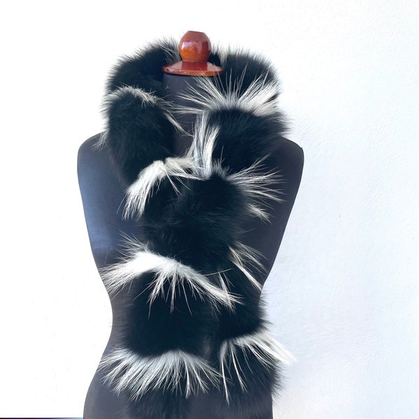 Real Fox Black And White Fur Scarf, Real Fur Scarf, Handmade Scarf, Luxury Scarf