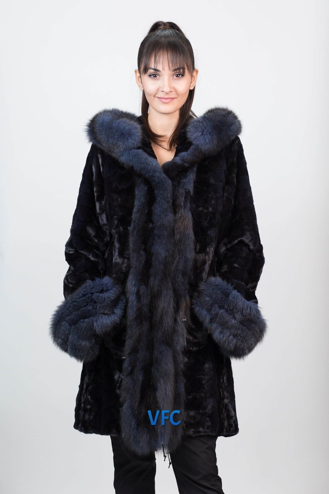 Blue-black Mink Parka Coat With Blue-black Fox Fur Hood, Real Mink
