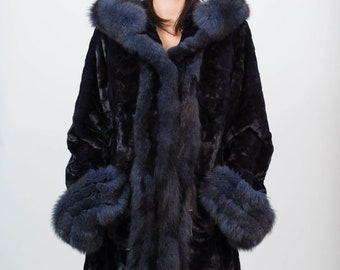 Abrigo parka de visón azul y negro con capucha de piel de zorro azul y negro, abrigo de piel de visón auténtica, abrigo de piel auténtica, abrigo de piel de lujo