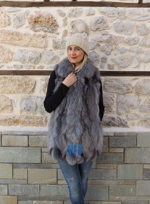 Real Fox Fur Vest Real Fur Gilet Light Gray Fox Fur Vest Fluffy