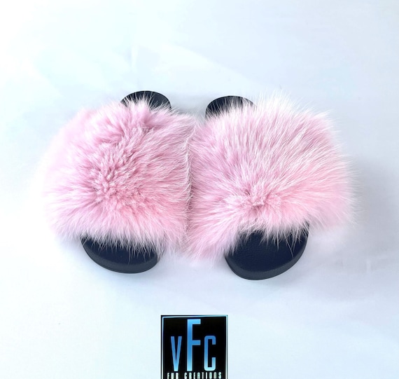 Pink Fox Fur Slides Real Fur Slippers Real Fur Slides -  Sweden