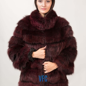 Bordeaux Fox Fur Jacket, Real Fox Fur Jacket, Fluffy Fur Jacket, Luxury Fur Jacket