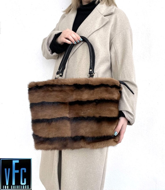 Brown With Black Line Mink Fur Handbag Mink Fur Shoulder Bag 