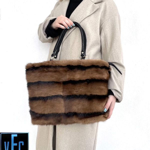 Brown With Black Line Mink Fur Handbag, Mink Fur Shoulder Bag, Mink Fur Handbag, Fur Handbag, Real Fur Bag, Handmade Fur Bag