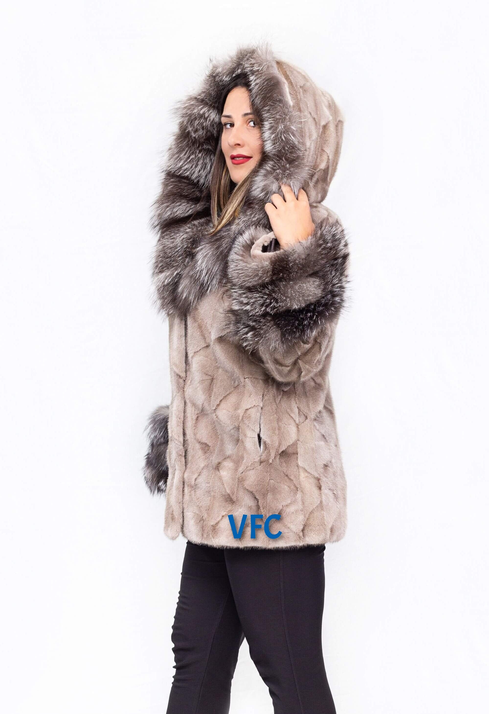 Silver Blue Full Skin Mink Fur Jacket With Hood Real Mink Fur -  Denmark