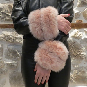 Real Fox Fur Cuffs, Pink Fox Fur Cuffs, Handmade Fox Fur Cuffs, Fluffy Fox Fur Cuffs