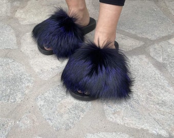 Black With Dark Blue Fox Fur Slides, Fur Slippers, Fluffy Slides - Main Image