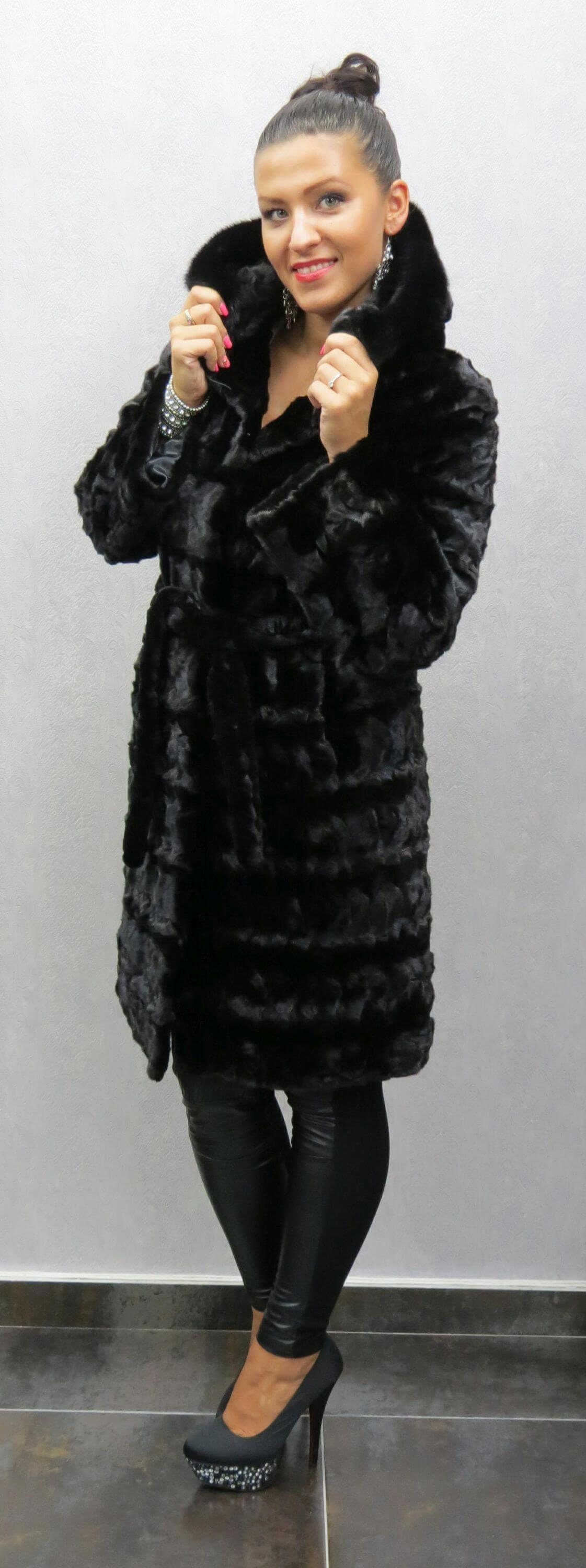 コート PLAIN FW25 FAKE MINK FUR JACKET (JJ25068 BLACK) J. MENDEL Black Mink Fur Zip-Front 3/4 Length Coat Jacket