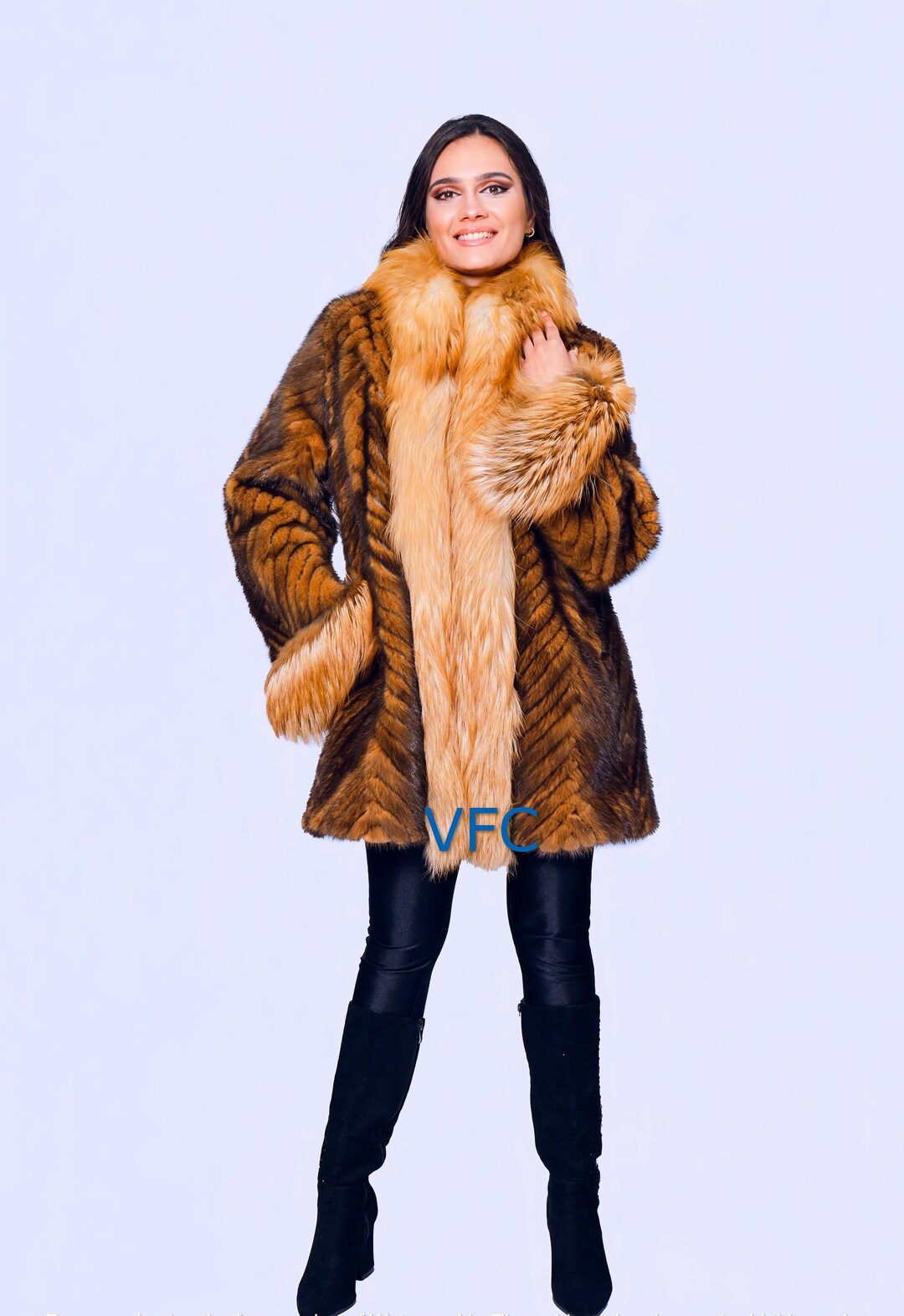 Dark Orange With Black Mink Fur Coat With Red Fox Fur Collar, Real Mink