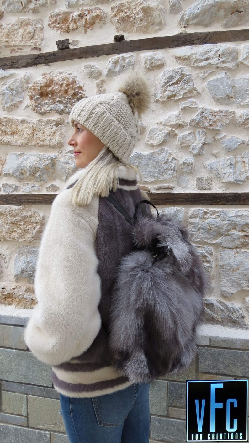 Luxury Backpack Silver Fox Fur Backpack Handmade Backpack Real Fur Shoulder Bag Fur Backpack Real Fox Fur Bag