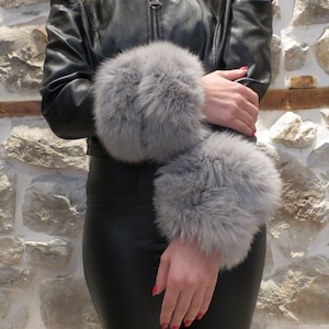 Real Fox Fur Cuffs, Light Gray Fox Fur Cuffs, Handmade Fox Fur Cuffs, Fluffy Fox Fur Cuffs