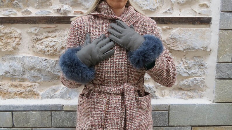 Sheepskin Gloves Real Fur Gloves Seal gray Mouton Fur Gloves With Fox Fur Cuffs Real Mouton Gloves
