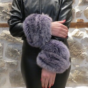 Real Fox Fur Cuffs, Purple Fox Fur Cuffs, Handmade Fox Fur Cuffs, Fluffy Fox Fur Cuffs