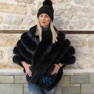 Real Fox Fur Cape, Black Fox Fur Cape, Fluffy Fur Cape, Luxury Fur Cape