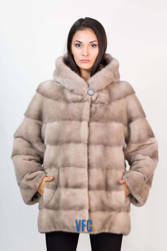 Silver Blue Full Skin Mink Fur Jacket With Hood Real Mink Fur