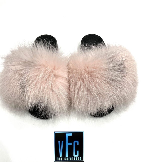 Pink Fox Fur Slides Fluffy Slides Rubber Fur Sandals Real 