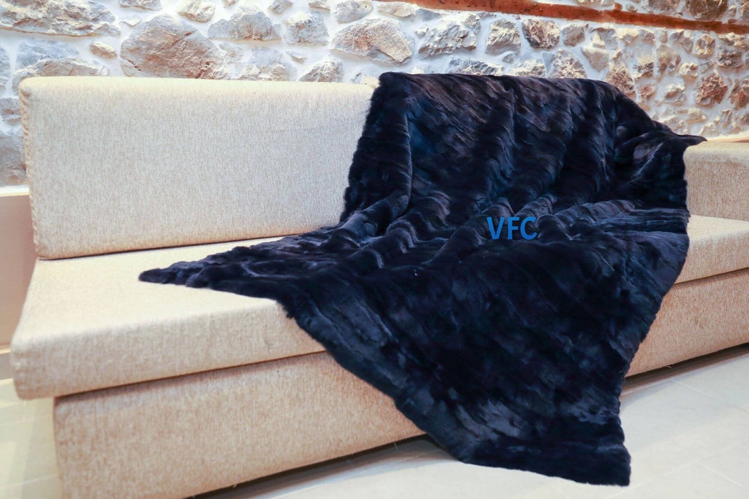 Dark Blue Rex Rabbit Fur Throw Blanket, Throw Blanket, Luxury Blanket ...