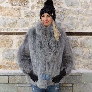 Real Fox Fur Jacket, Light Gray Fox Fur Jacket, Fluffy Fur Jacket, Luxury Fur Jacket