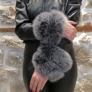 Real Fox Fur Cuffs, Snow Up Blue Fox Fur Cuffs, Handmade Fox Fur Cuffs, Fluffy Fox Fur Cuffs