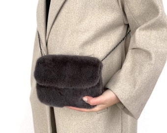Graphite Mink Fur Small Handmade Clutch Bag, Fluffy Bag, Fur Handbag, Women’s Shoulder Bag,Real Fur Bag