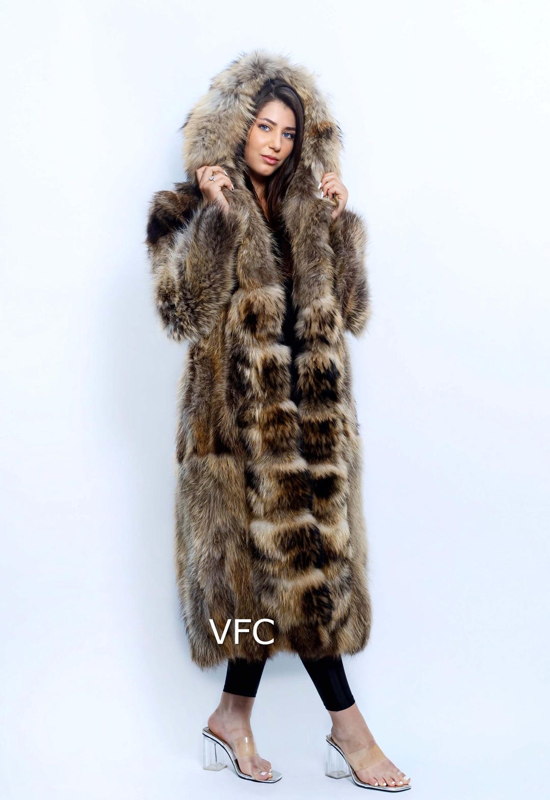 Luxury Long Natural Finn Raccoon Fur Coat, Real Fur Coat, Fluffy
