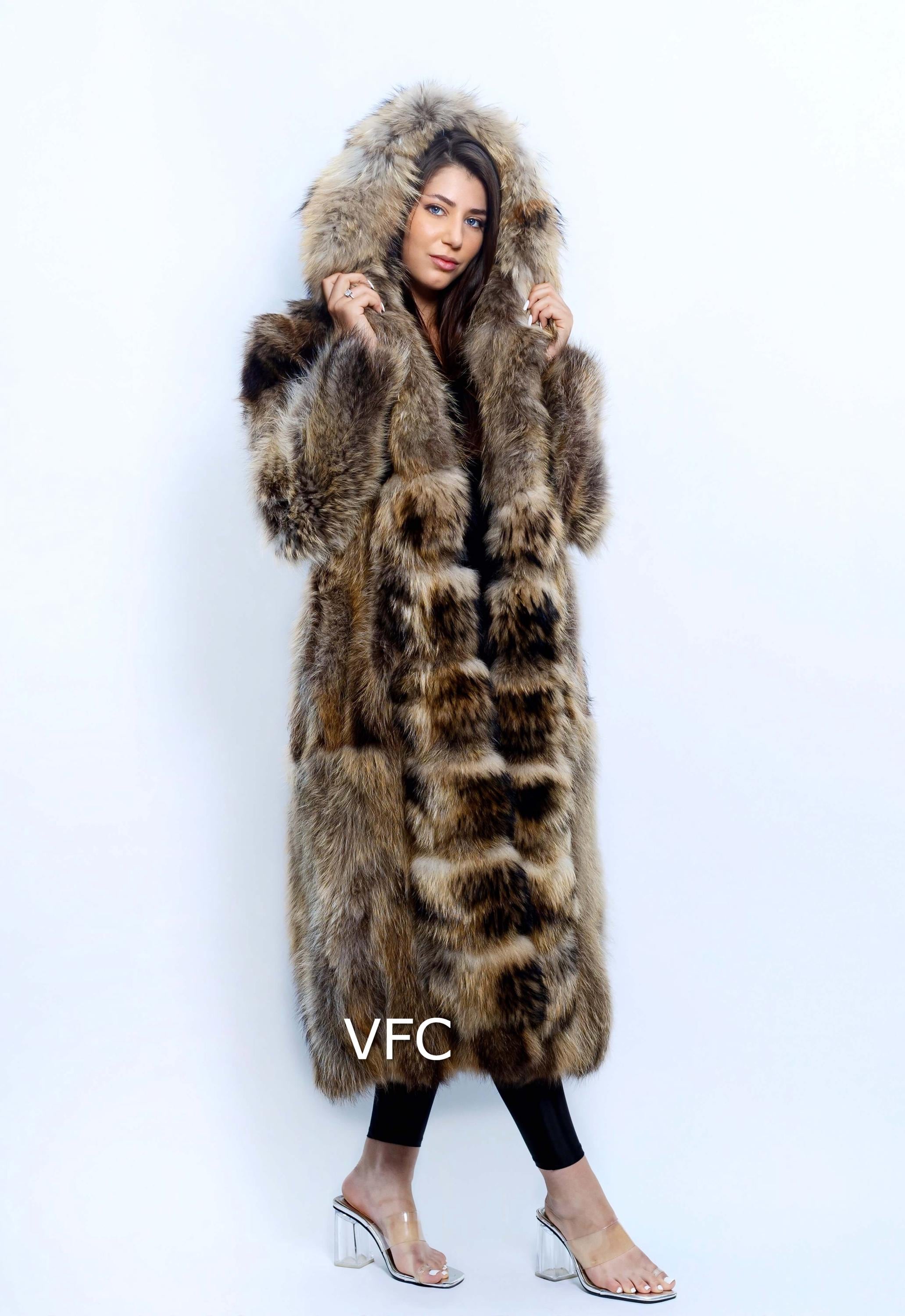 Luxury Long Natural Finn Raccoon Fur Coat, Real Fur Coat, Fluffy
