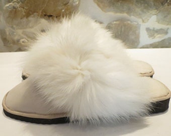 White Sheepskin With Fox Fur Slippers, Fur Slippers, Fluffy Slippers, Winter Slippers