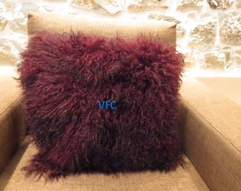 Burgundy Mongolian Lamp Fur Pillow Cover, Handmade Pillow Cover