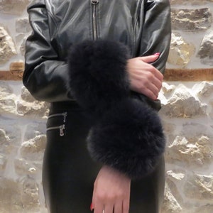 Real Fox Fur Cuffs, Graphite Fox Fur Cuffs, Handmade Fox Fur Cuffs, Fluffy Fox Fur Cuffs